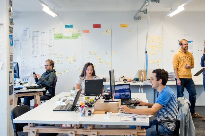 sechs Start-up Mitarbeiter*innen in einem Büro