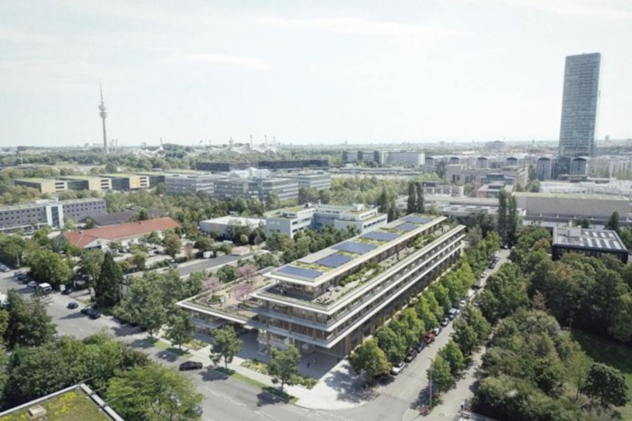 Bürogebäude Timber Works aus der Vogelperspektive