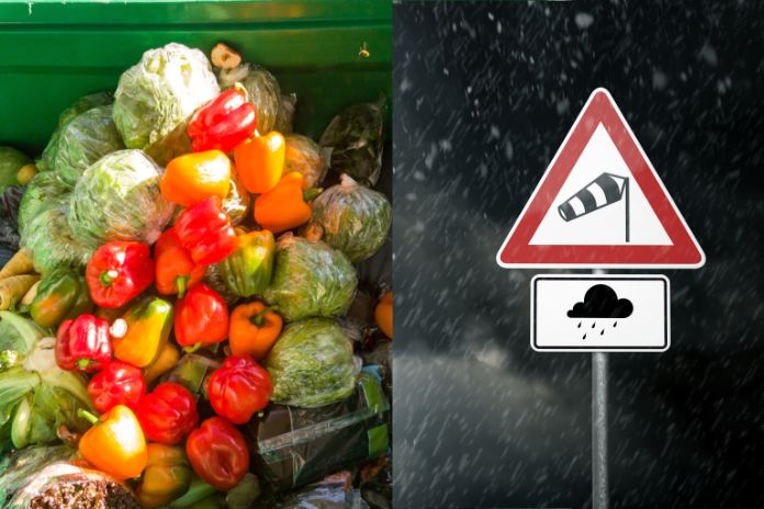 Lebensmittel im Container und Schild Unwetterwarnung