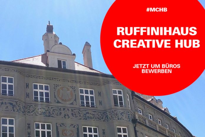 Bewerbungsaufruf für Ruffinihaus Creative Hub  Ansicht Fassade und Textaufruf