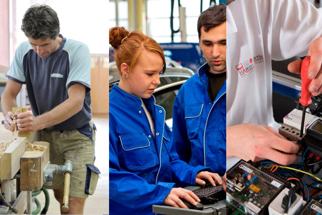 Handwerk drei Bilder: Schreiner, Elektrofachleute, Fräse