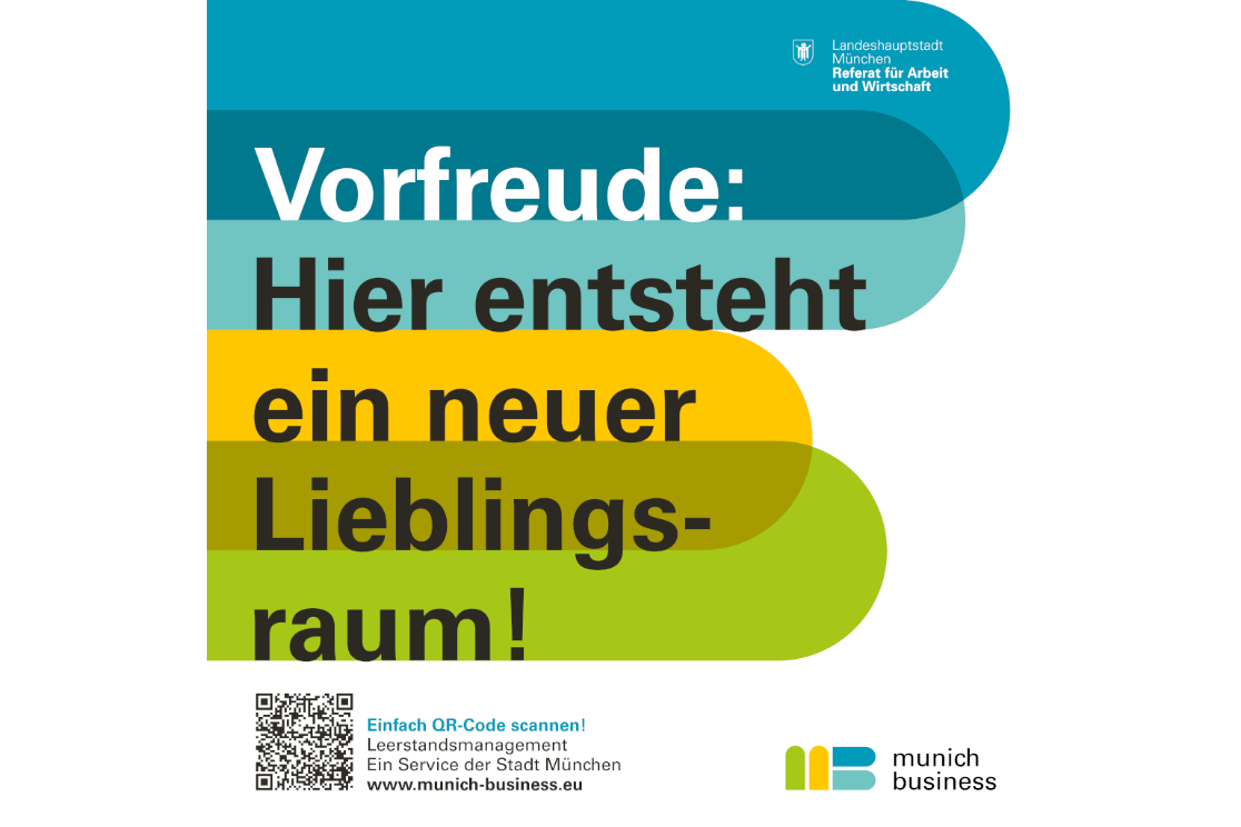 Aufkleber für Fenster für ein leer stehendes Geschäft: Vorfreude: Hier entsteht ein neuer Lieblingsraum! QR-Code zum Leerstandsmanagement bei munich business