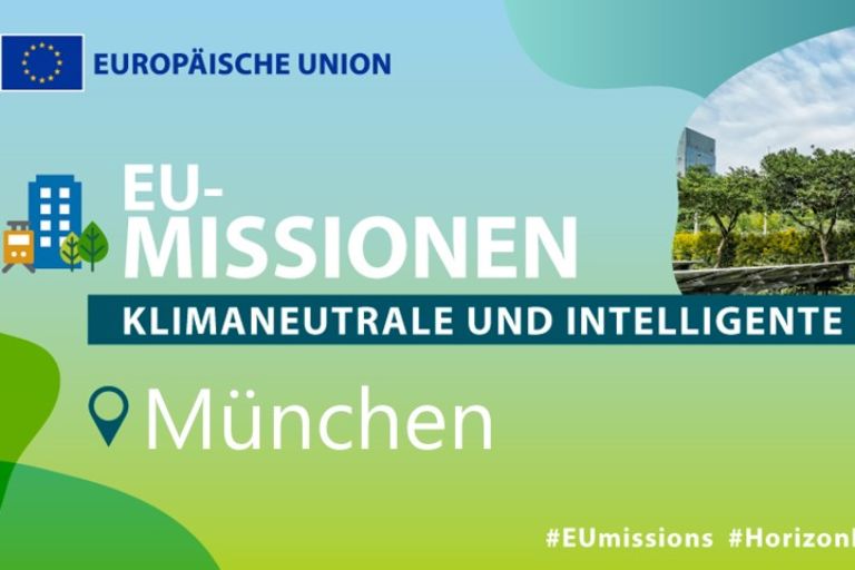 Header zur Mission 100 klimaneutrale und smarte Städte bis 2030 mit Nennung Münchens