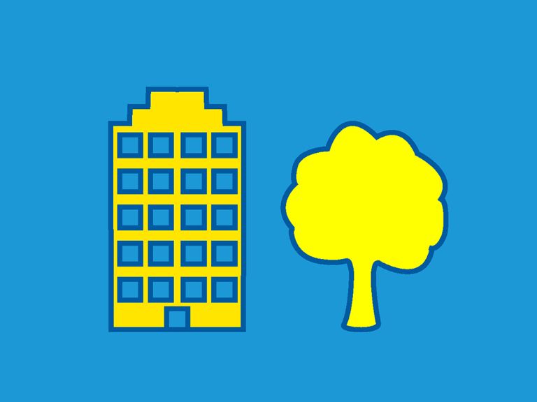Icon Bild eines Hochhauses und eines Baums. 