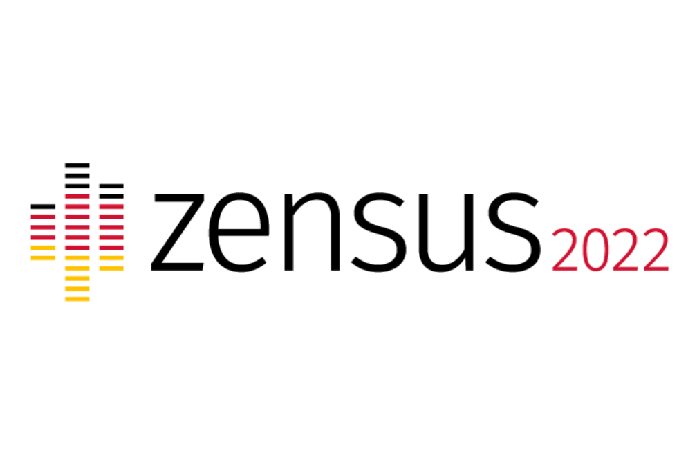 Logo des Zensus 2022 als Schriftzug mit zählenden Balken in schwarz rot gelb