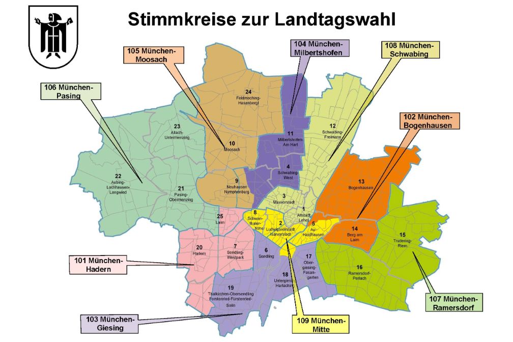 Hier finden Sie eine Karte mit allen Münchner Stimmkreisen zur Landtags- und Bezirkswahl 2023
