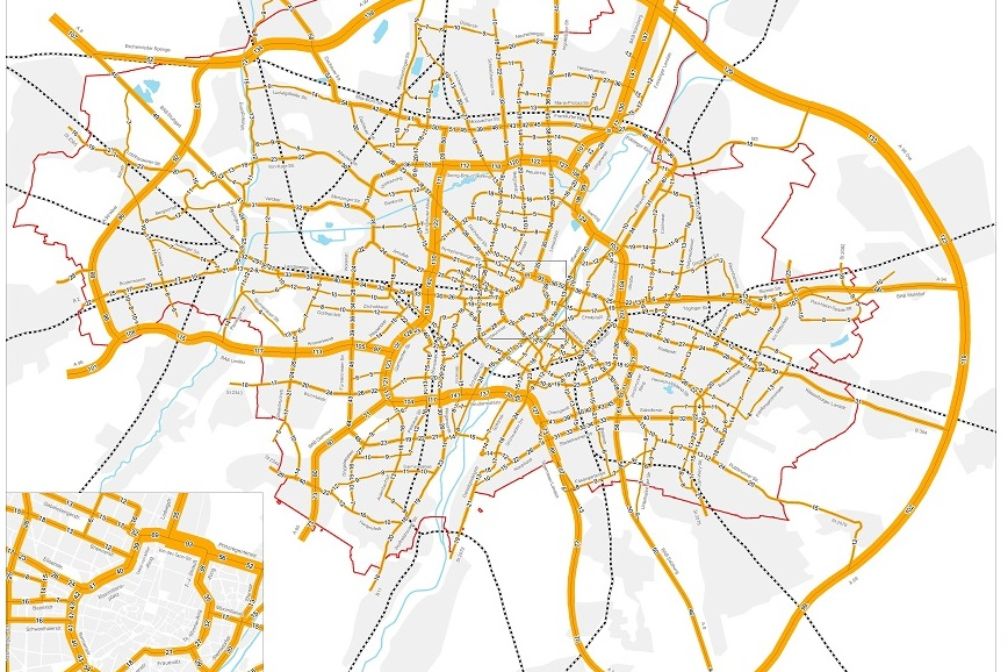 Darstellung der Verkehrsmengen im Münchner Straßennetz bis zum Autobahnring