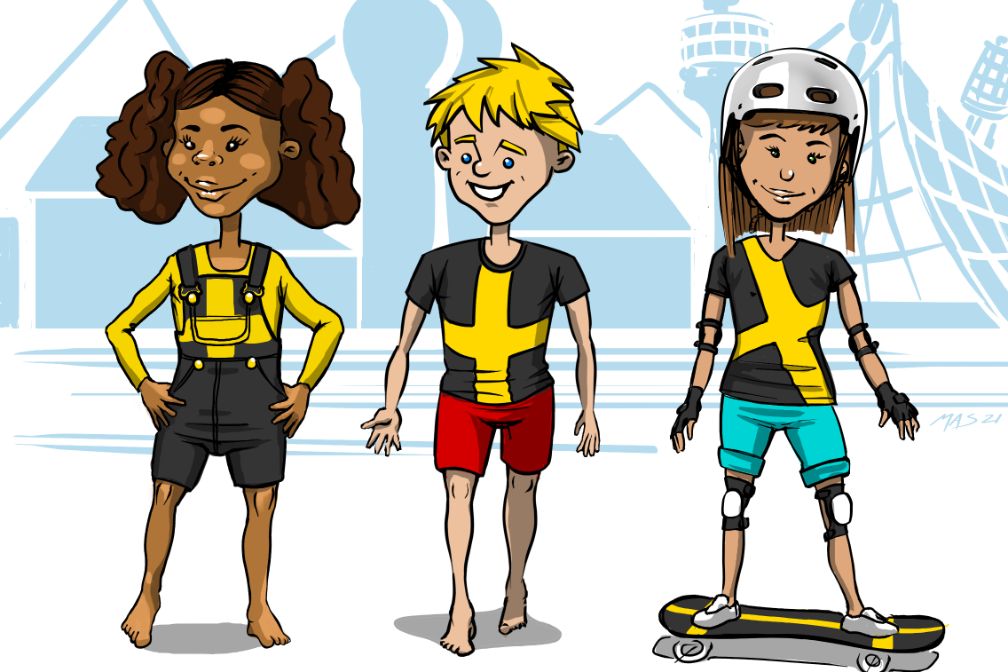 Drei gezeichnete Comic-Menschen stehen nebeneinander, zwei Mädchen und ein Junge. Das rechte Mädchen steht auf einem Skateboard.