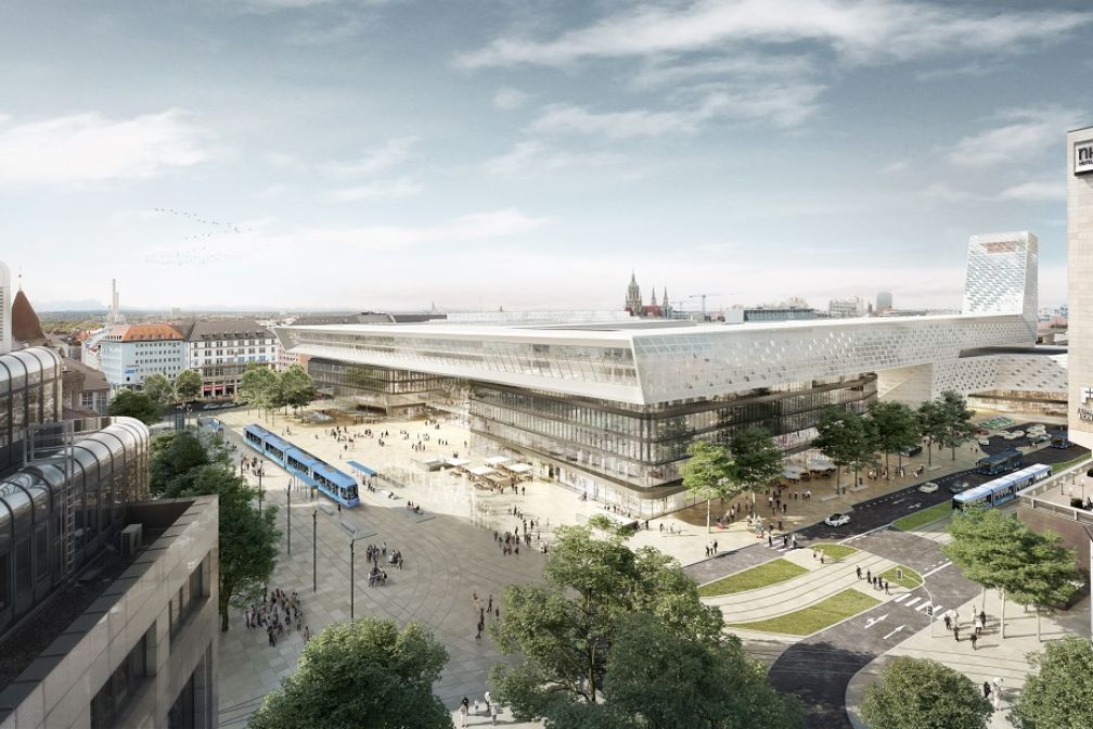 Visualisierung des neuen Hauptbahnhofs mit Vorplatz und Empfangsgebäude