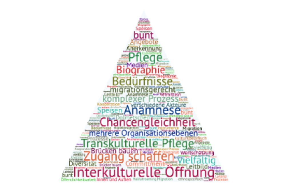Pyramidenförmige Darstellung von Schlagworten zum Thema interkulturelle Öffnung in der Pflege. 