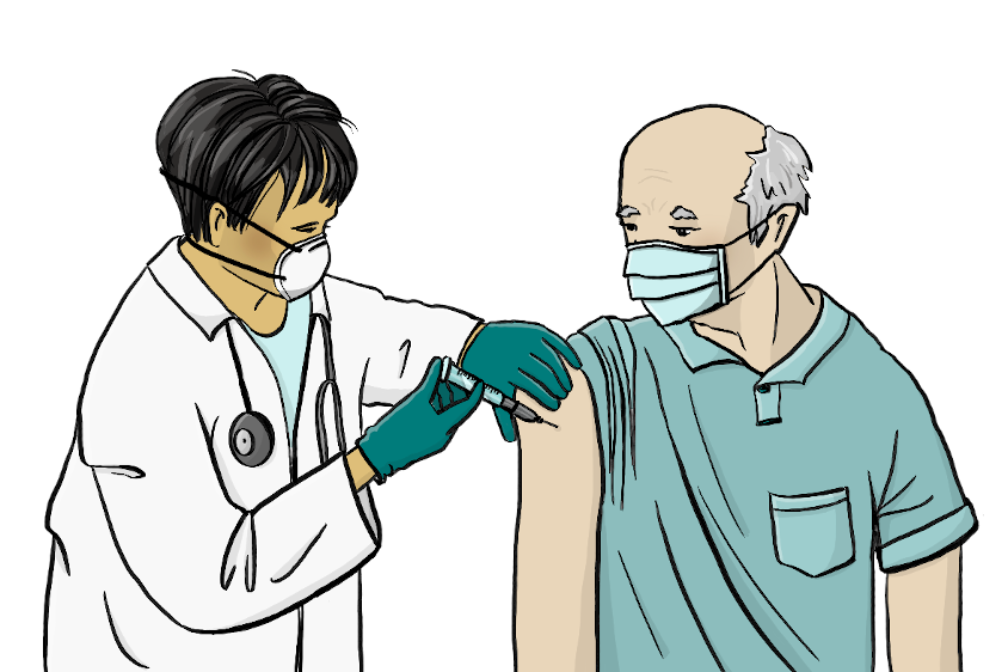 Comic. Das Bild zeigt eine Ärztin. Sie impft gerade einen älteren Mann mit einer Spritze. Beide Personen tragen eine Maske.