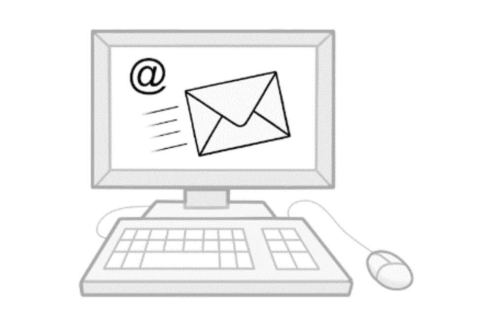 Comic. Das Bild zeigt einen Computer. Man sieht den Bildschirm, die Tastatur und die Maus. Auf dem Bildschirm sieht man das Zeichen für E-mail und einen Briefumschlag.