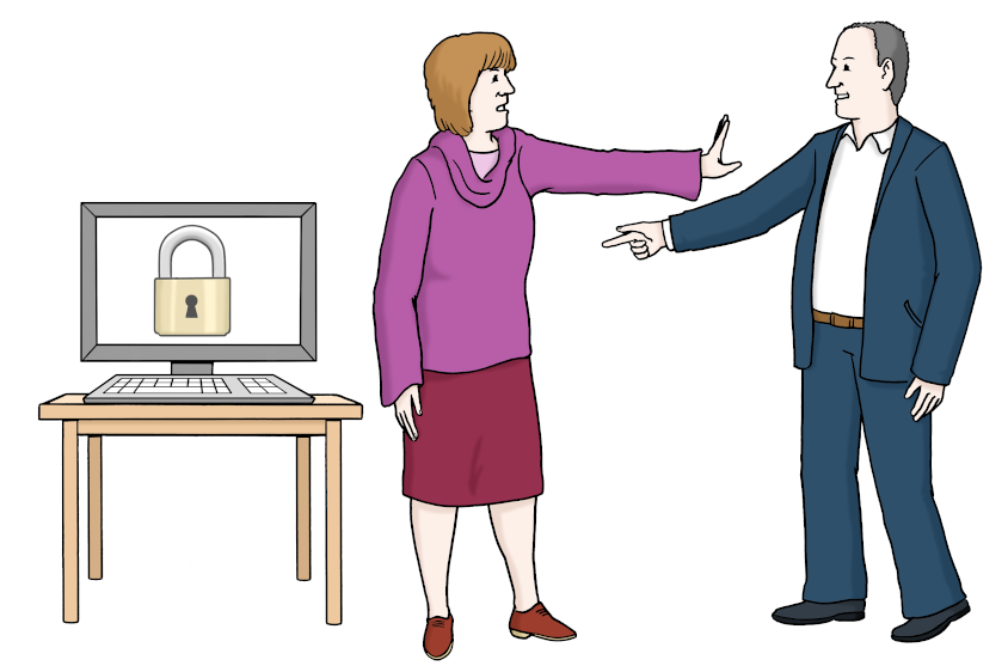 Comic. Das Bild zeigt eine Frau die vor einem Computer steht. Auf dem Bildschirm sieht man ein Schloss zum Zusperren. Ein Mann will zu dem Computer. Die Frau hält ihn davon ab. Sie will die Daten schützen.