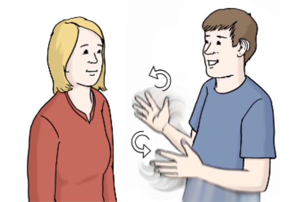 Comic. Das Bild zeigt, wie sich eine Frau und ein Mann miteinander in Gebärdensprache unterhalten. Der Mann macht Bewegungen mit seinen Händen und Armen.