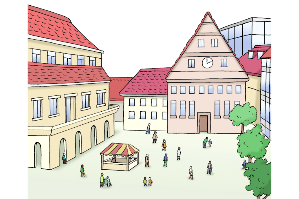 Comic. Das Bild zeigt eine Stadt. Man sieht einen Marktplatz und einen Stand. Um den Marktplatz sind Häuser. Man sieht auch das Rathaus. Auf dem Marktplatz sind Menschen. 