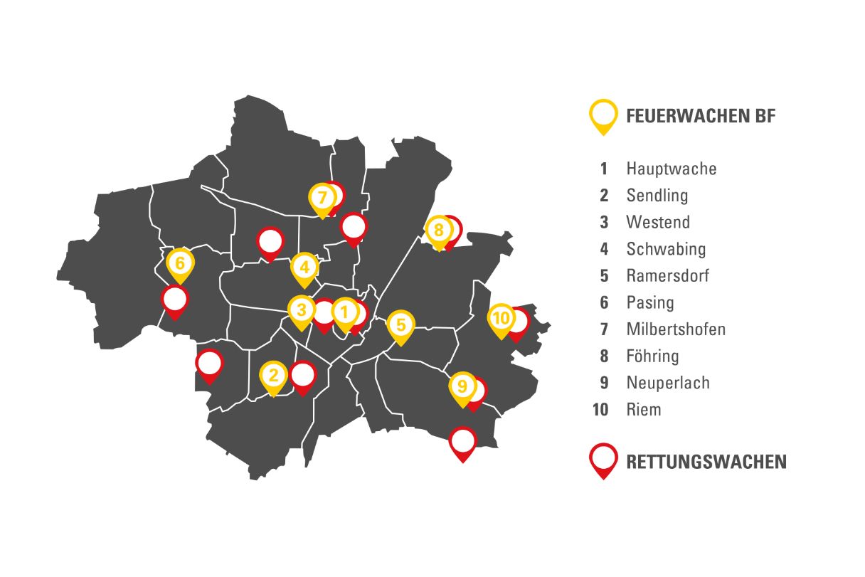 Standorte der Feuerwachen und Rettungswachen in München - Stand Dezember 2022