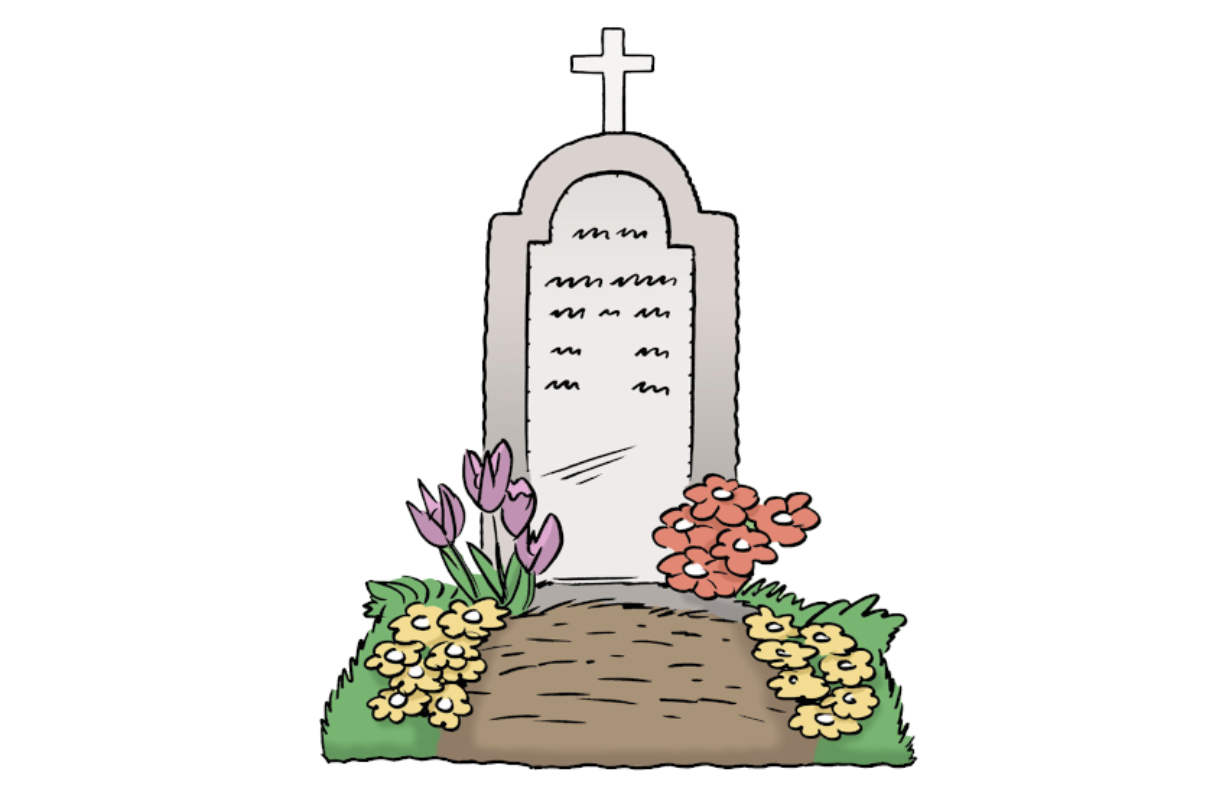 Comic. Das Bild zeigt ein Grab. Man sieht einen Grabstein und Blumen auf dem Grab. Auf dem Grabstein ist ein Kreuz.