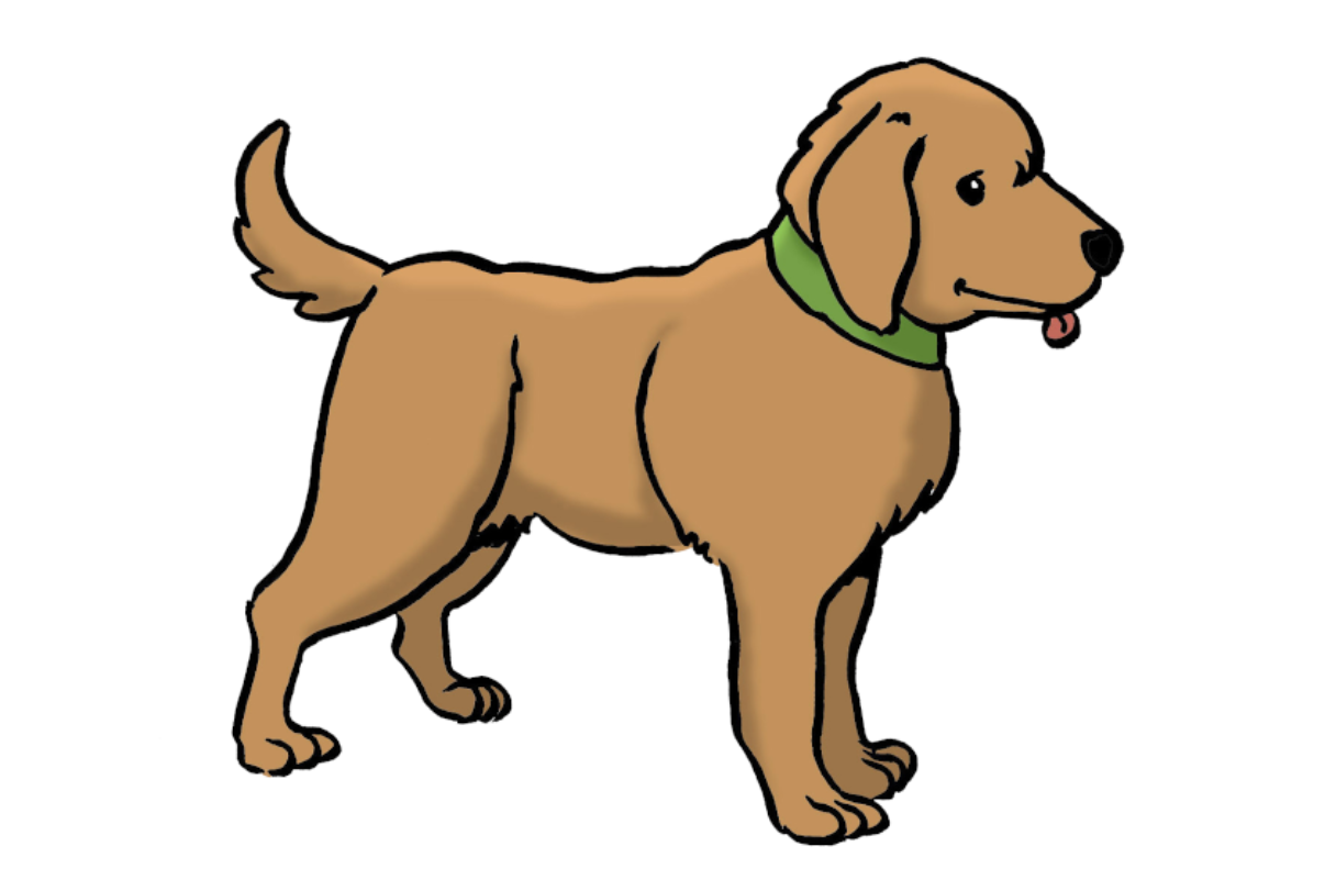 Comic. Das Bild zeigt einen Hund. Der Hund hat ein braunes Fell und ein grünes Halsband.
