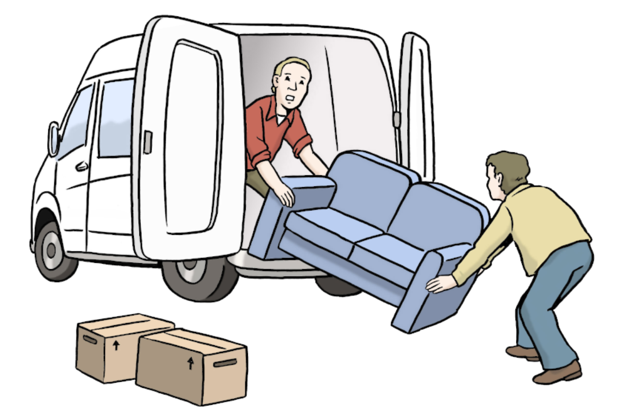 Comic. Das Bild zeigt einen Umzug. Man sieht zwei Männer, die eine Couch in einen Transporter einladen. Beim Transporter stehen noch zwei Kartons.