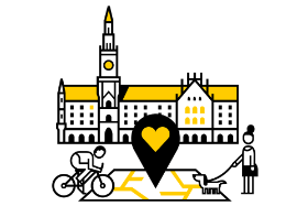Icon in gelb, weiß und schwarz mit Rathaus und Stadtkarte