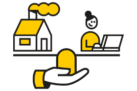 Icon in schwarz, weiß und gelb mit Haus, Frau vor dem Laptop und Hand