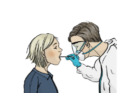 Comic. Das Bild zeigt eine Frau, die getestet wird. Sie wird über den Mund getestet. Man sieht auch den Arzt. Er hat eine FFP2-Maske auf und einen Schutzanzug an.