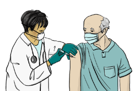 Comic. Das Bild zeigt eine Ärztin. Sie impft gerade einen älteren Mann mit einer Spritze. Beide Personen tragen eine Maske.