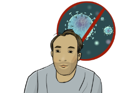 Comic. Das Bild zeigt einen Mann. Über ihm sieht man das Coronavirus. Das Virus ist durchgestrichen. Das bedeutet. der Mann ist negativ getestet worden.