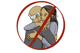 Comic. Das Bild zeigt eine junge Frau und einen älteren Mann. Sie umarmen sich. Das Bild ist durchgestrichen.