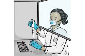 Comic. Das Bild zeigt eine Frau in einem Testlabor. Sie hat eine Maske auf und trägt Handschuhe. Sie schaut gerade, ob der Coronatest negativ oder positiv ist.