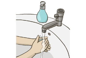 Comic. Das Bild zeigt ein Waschbecken. Darin wäscht sich gerade jemand die Hände. Links neben dem Wasserhahn steht eine Flüssigseife.