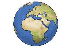 Das Bild zeigt einen Globus. Man sieht Europa und einen Teil von Asien. Und man sieht ganz Afrika.