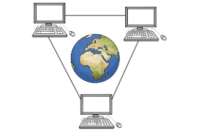 Comic. Das Bild zeigt, das Internet. Man sieht drei Computer. Alle Computer sind miteinander verbunden. Zwischen den Computern sieht man die Weltkugel.
