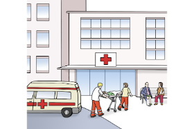 Comic. Das Bild zeigt ein Krankenhaus. Vor dem Krankenhaus steht ein Krankenwagen. Zwei Sanitäter schieben gerade eine Person auf einer Trage zum Krankenhaus. Vorm Eingang sitzen zwei Menschen auf einer Bank.