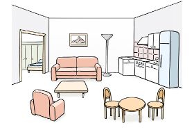 Comic. Das Bild zeigt eine Wohnung. Man sieht an der einen Wand eine Küchenzeile. Vorne steht eine Esstisch mit zwei Stühlen. An der anderen Wand steht ein Sofa. Vor dem Sofa stehen ein Tisch und ein Sessel.