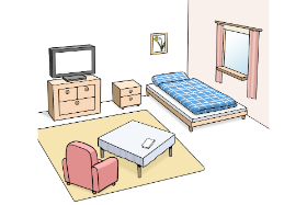 Das Bild zeigt ein Zimmer mit Möbeln. Man sieht einen Tisch mit Sessel, einen Fernseher und ein Bett.