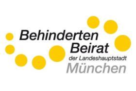 Das Bild zeigt das Logo vom Behinderten Beirat von der Landeshauptstadt München. Man sieht acht gelbe Punkte und die Wörter in verschiedenen Farben. Die Wörter sind verschieden groß.