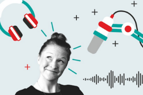 Grafik zu Podcastreihe Lenas Startups mit Porträt Lena, Kopfhörer, Mikro