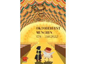 Siegermotiv des Oktoberfest-Plakatwettbewerbs 2022 zeigt das Münchner Kindl und den Dienstmann Hingerl, wie sie ein leeres Bierzelt betreten und auf das, wie eine Sonne strahlende Riesenrad zugehen.