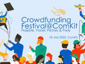 Grafik mit vielen Personen, die zusammenwirken und Projekte in die Luft heben. Dies ist das Plakat für das Crowdfunding Festival am 18.5.22 in München 