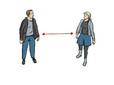 Comic. Das Bild zeigt eine Frau und einen Mann. Sie halten den Mindestabstand zueinander ein.