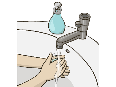 Comic. Das Bild zeigt ein Waschbecken. Darin wäscht sich gerade jemand die Hände. Links neben dem Wasserhahn steht eine Flüssigseife.