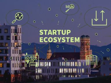 München Skyline und darübergelegte Grafik zum Thema Infrastrukturen für Unternehmensgründer
