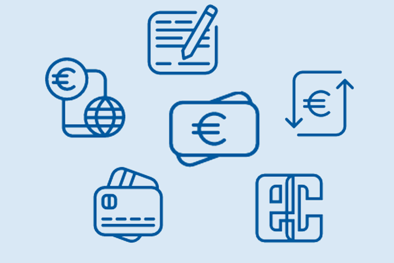 Symbole für verschiedene Zahlungsarten wie Kartenzahlung und Überweisung.