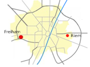 Lage der Gewerbegebiete Freiham und Riem als rote Punkte links und rechts im München-Plan
