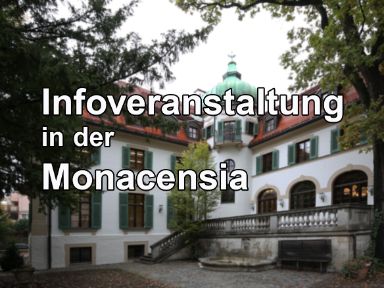Fassade des Hildebrandthauses / der Monacensia; Text: Infoveranstaltung in der Monacensia