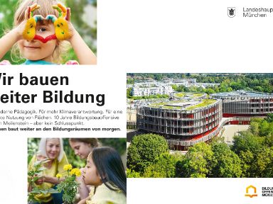 Collage aus drei verschiedenen Fotos, zwei mit KIndern und einem Schulgebäude zudem der Slogan: Wir bauen Bildung weiter