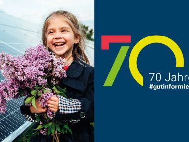 Kind mit Blumen & Bildmarke 70 Jahre Bauzentrum München