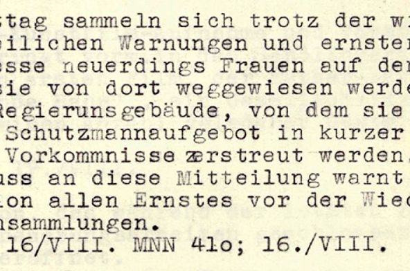 Bericht über eine Hungerdemonstration von Münchner Frauen, 14. August 1918.