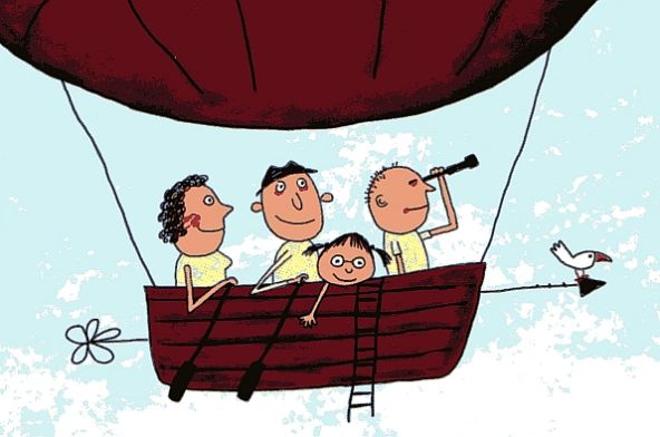 Wort-Bild-Marke des Familienwegweiser - Kinder sitzen in einem bootähnlichem Luftschiff